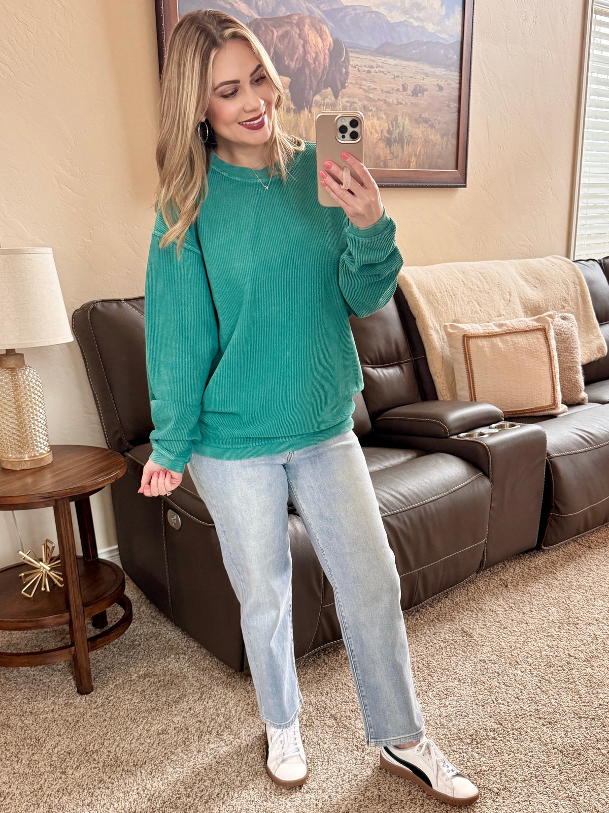 Luxe Corded Crewneck in Teal-Villari Chic, women's online fashion boutique in Severna, Maryland