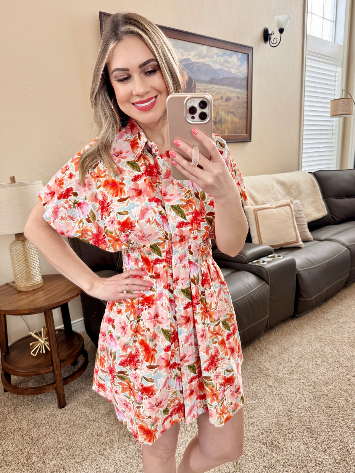 Button Front Pleated Dress in Poppy-Villari Chic, women's online fashion boutique in Severna, Maryland