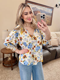 Summer Blue Floral V Neck Blouse-Villari Chic, women's online fashion boutique in Severna, Maryland