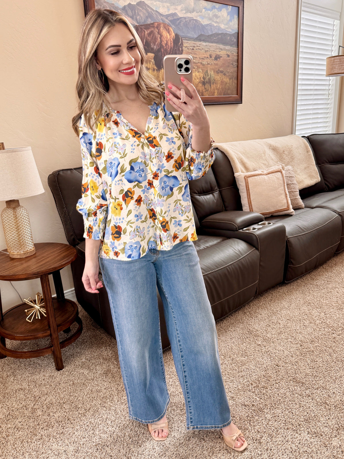 Summer Blue Floral V Neck Blouse-Villari Chic, women's online fashion boutique in Severna, Maryland
