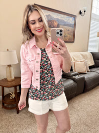 Copped Jean Jacket in Soft Pink by Risen-Villari Chic, women's online fashion boutique in Severna, Maryland
