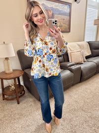 Summer Blue Floral V Neck Blouse-Villari Chic, women's online fashion boutique in Severna, Maryland