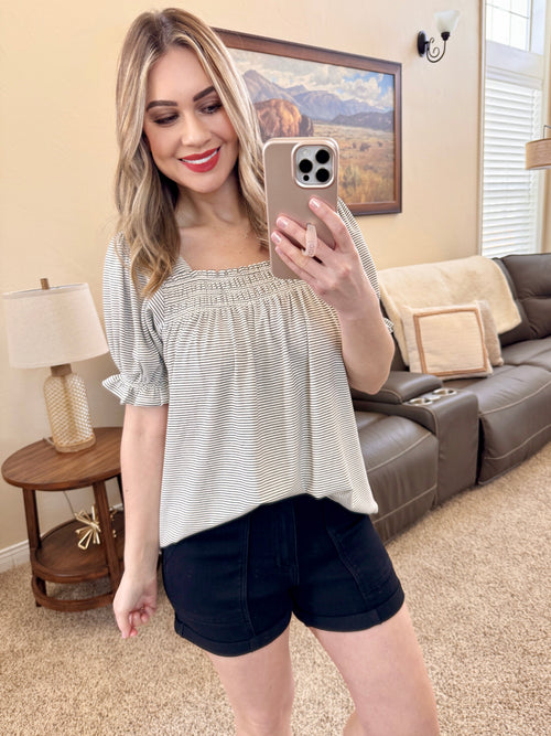 Ivory and Black Striped Top with Ruffle Sleeve-Villari Chic, women's online fashion boutique in Severna, Maryland