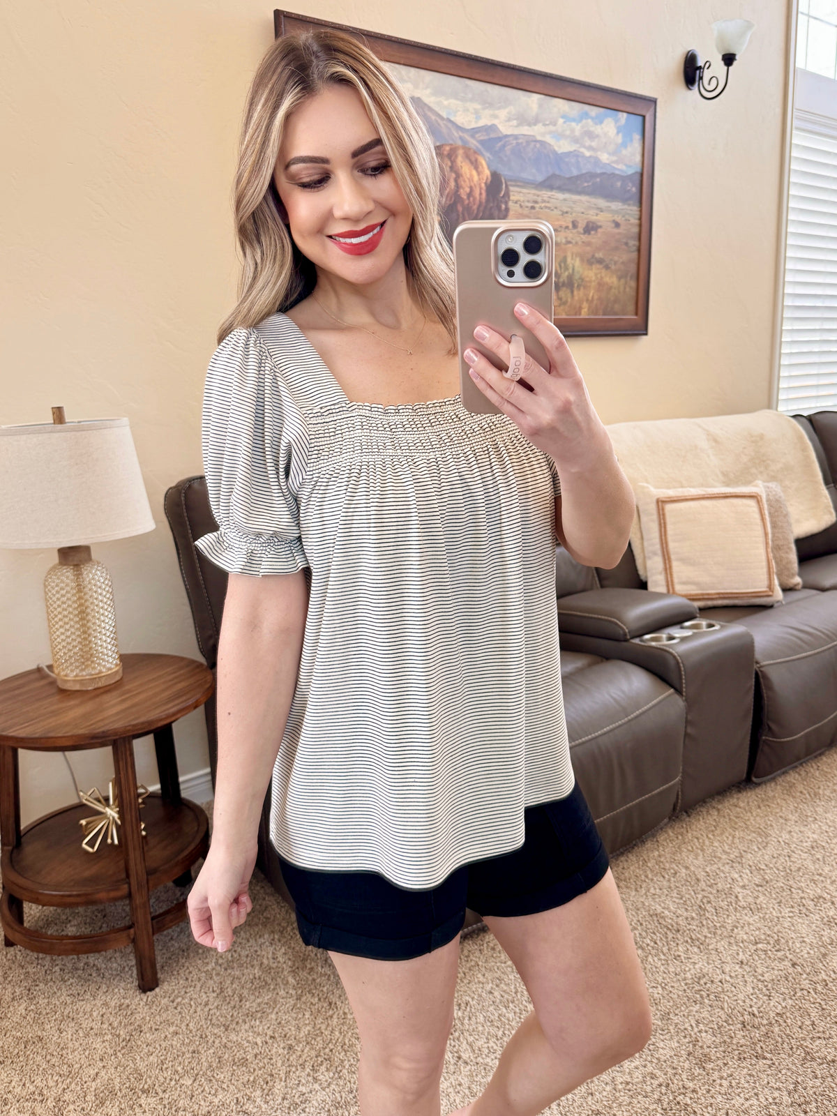 Ivory and Black Striped Top with Ruffle Sleeve-Villari Chic, women's online fashion boutique in Severna, Maryland