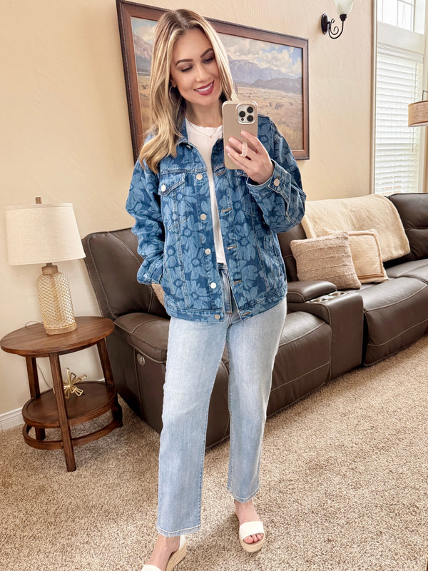 Floral Print Denim Jacket by Risen-Villari Chic, women's online fashion boutique in Severna, Maryland