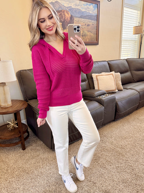 Crochet Knit Hoodie In Magenta-Villari Chic, women's online fashion boutique in Severna, Maryland