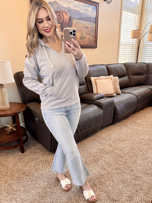 Boardwalk Striped Hoodie in Taupe and White-Villari Chic, women's online fashion boutique in Severna, Maryland