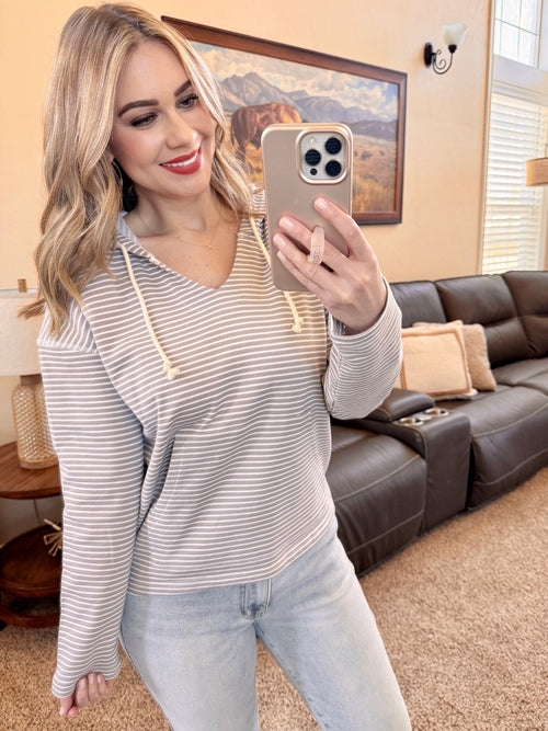 Boardwalk Striped Hoodie in Taupe and White-Villari Chic, women's online fashion boutique in Severna, Maryland