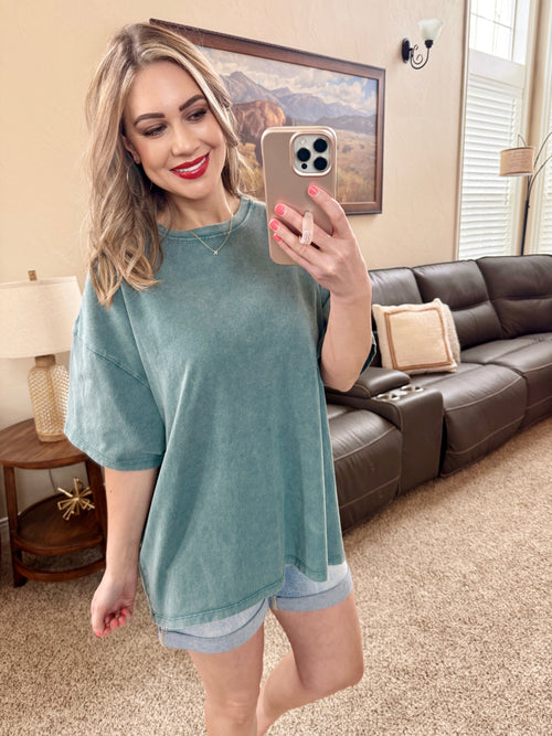Acid Washed Boyfriend Tee In Teal-Villari Chic, women's online fashion boutique in Severna, Maryland