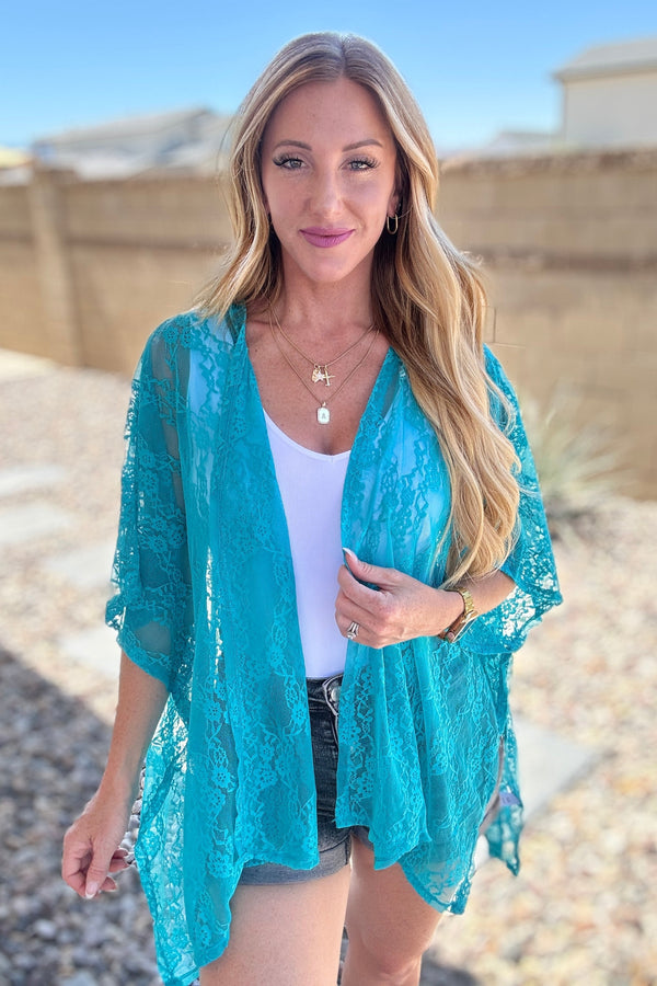 Good Days Ahead Lace Kimono In Teal-Layers-Villari Chic, women's online fashion boutique in Severna, Maryland