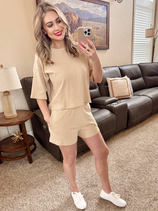 Woven Knit Stripe Lounge Set In Sandstone-Villari Chic, women's online fashion boutique in Severna, Maryland