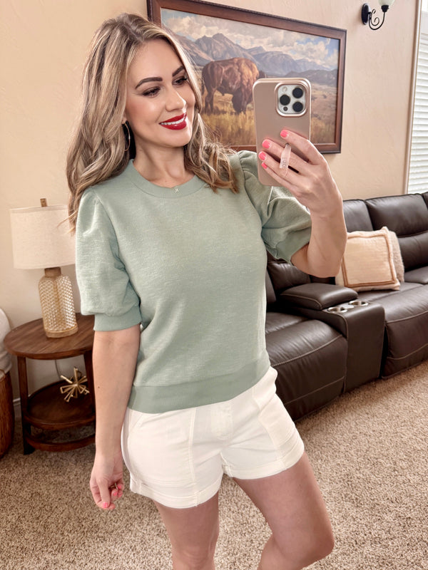 Puff Sleeve Knit French Terry Top In Sage-Villari Chic, women's online fashion boutique in Severna, Maryland