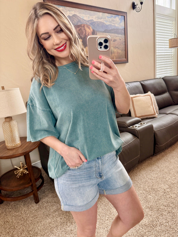 Acid Washed Boyfriend Tee In Teal-Villari Chic, women's online fashion boutique in Severna, Maryland