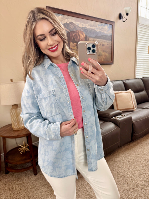 Light Wash Floral Print Shacket by Risen-Villari Chic, women's online fashion boutique in Severna, Maryland