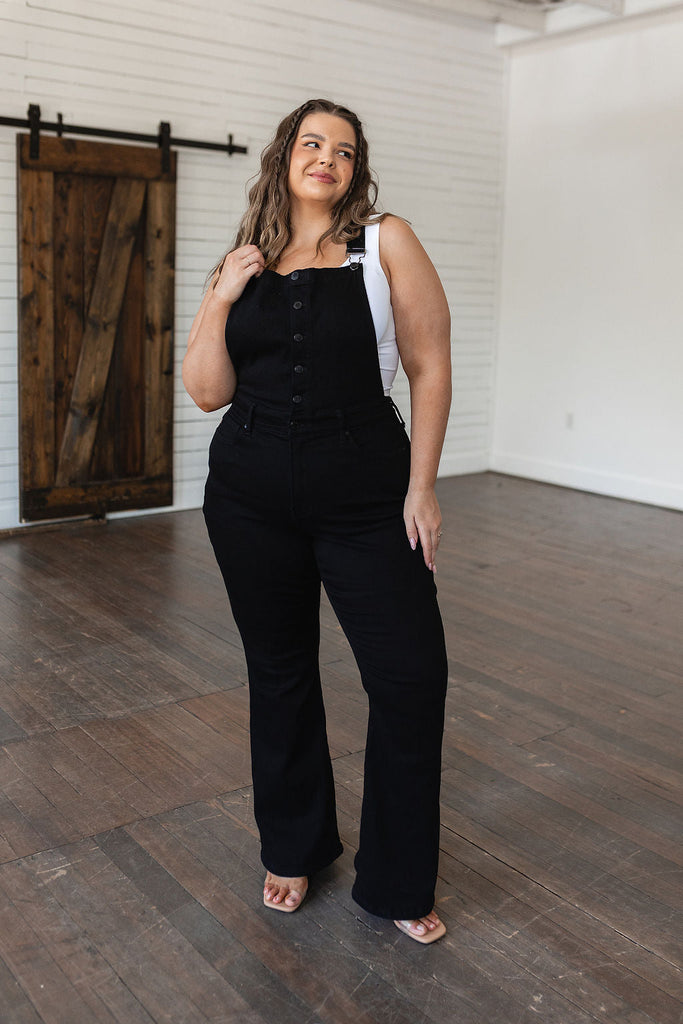 Judy Blue Tummy Control Retro Flare Overalls in Black-Womens-Villari Chic, women's online fashion boutique in Severna, Maryland