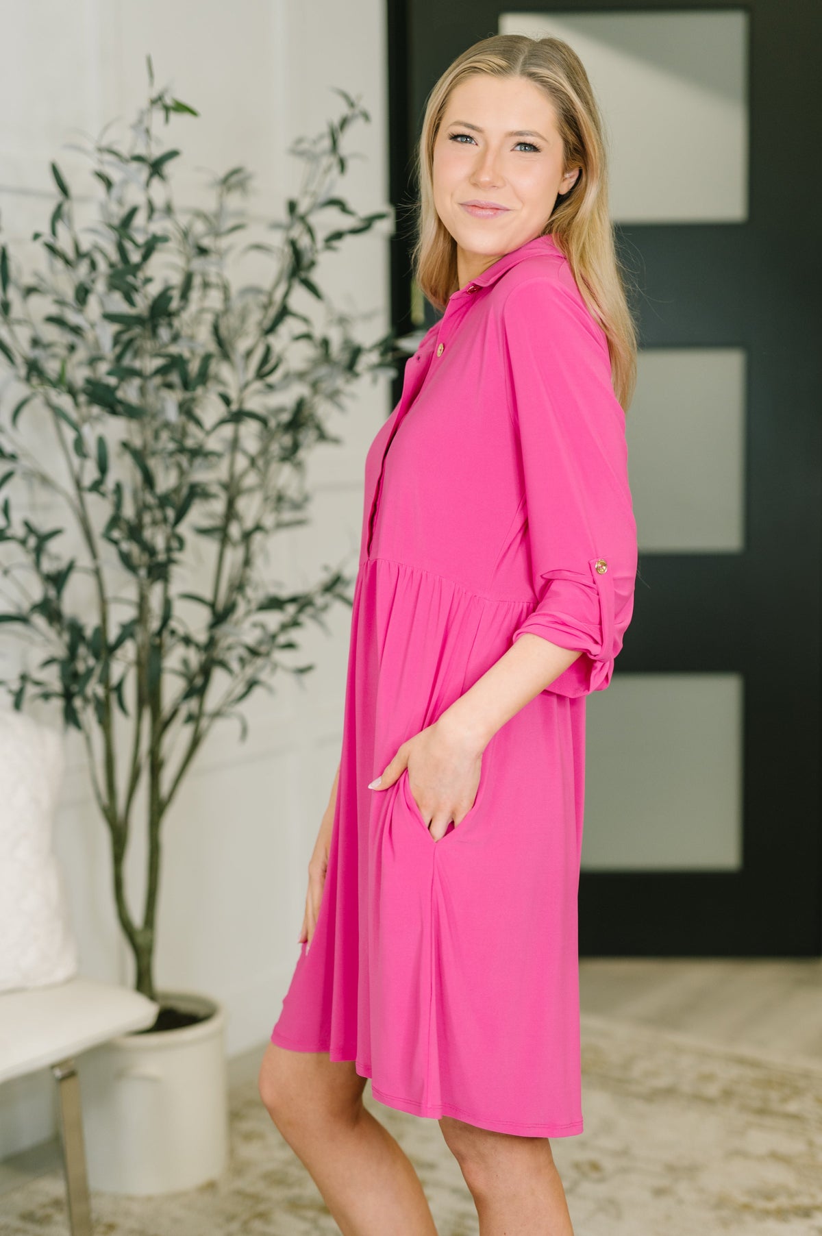 Inspire Collared Neck Dress in Runway Pink-Womens-Villari Chic, women's online fashion boutique in Severna, Maryland