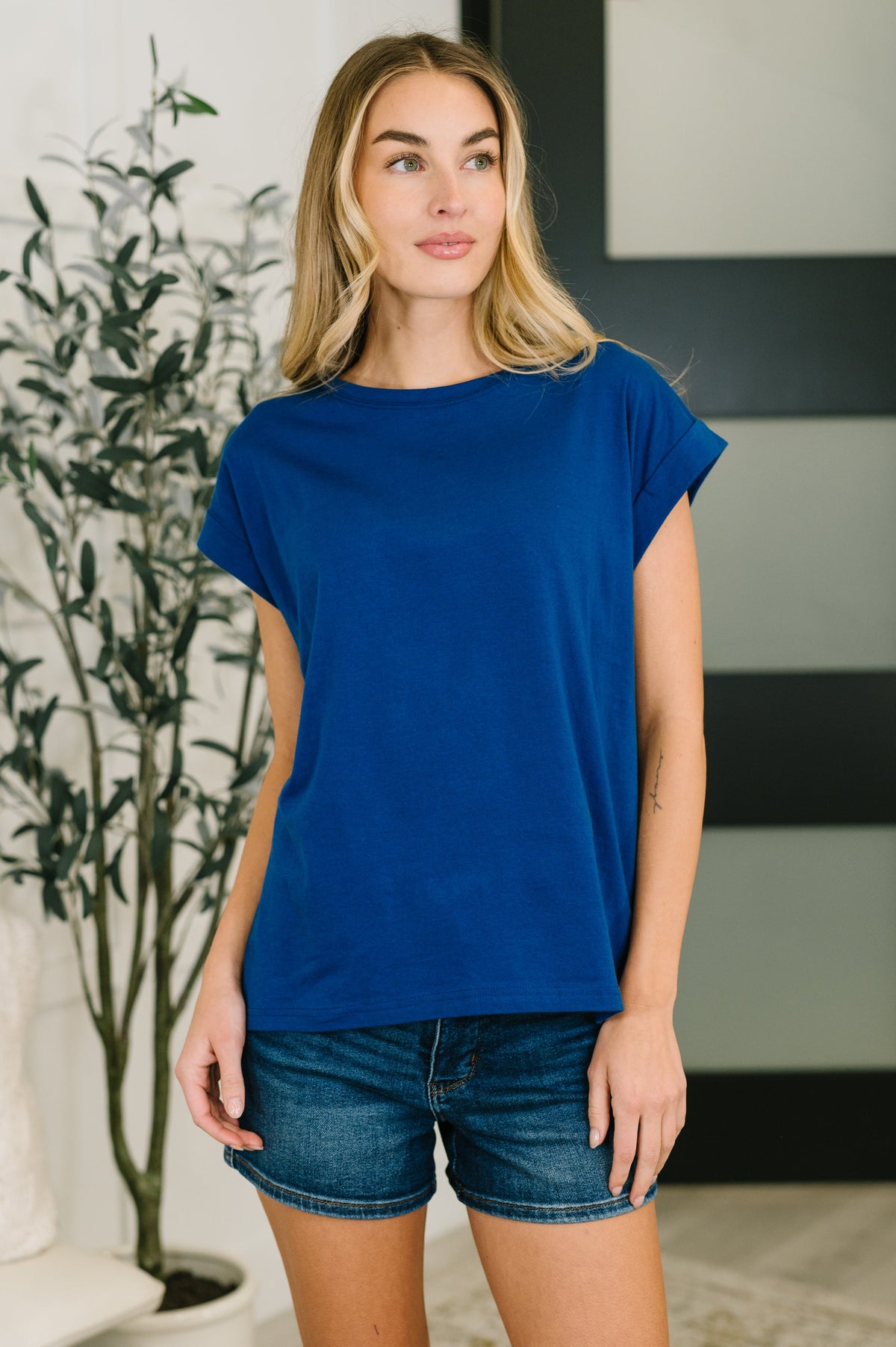 It Starts Here Basic Rolled Sleeve Tee in Lt Navy-Womens-Villari Chic, women's online fashion boutique in Severna, Maryland