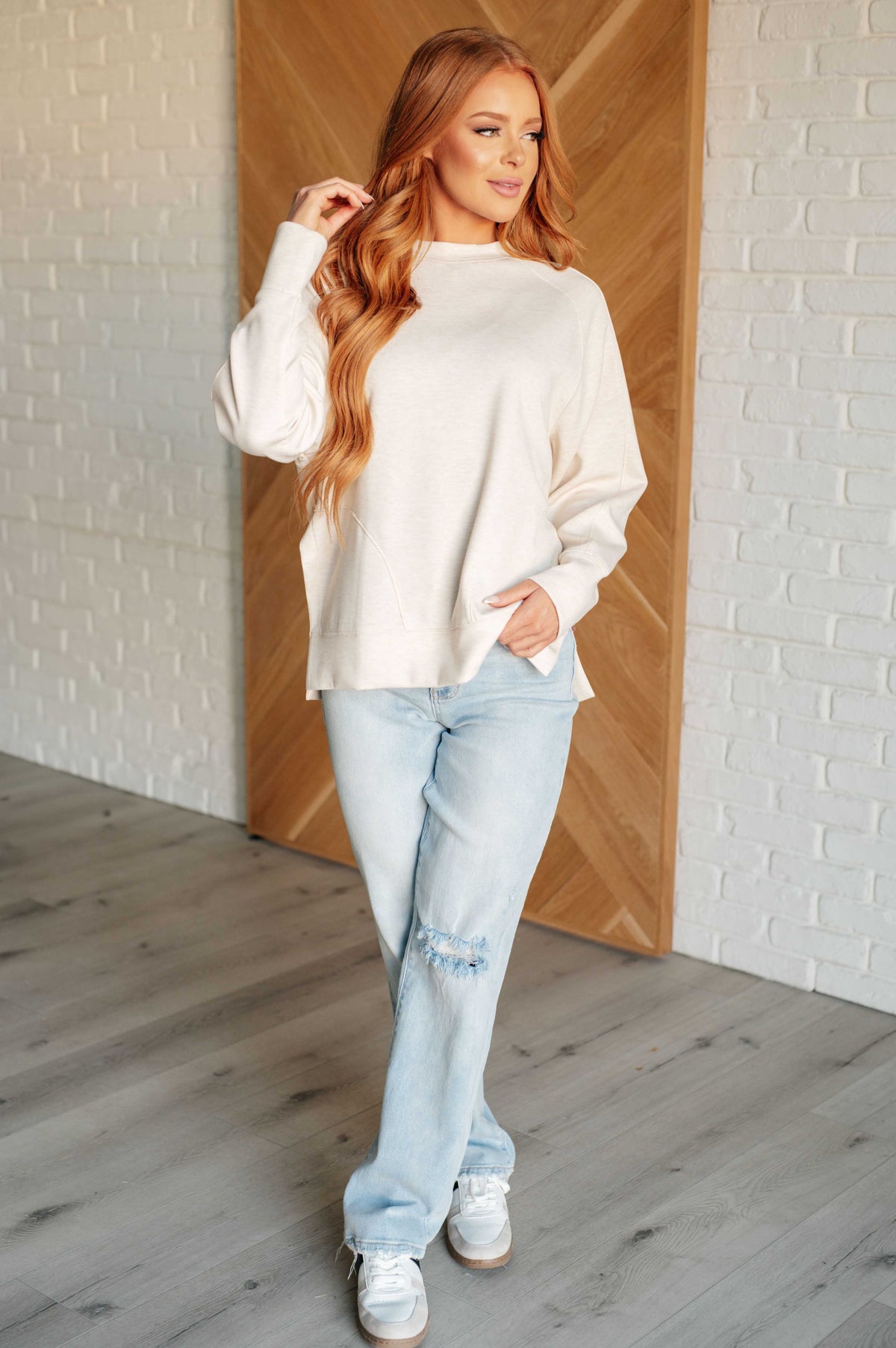 It's The Little Things Relaxed Scuba Pullover in Beige-Athleisure-Villari Chic, women's online fashion boutique in Severna, Maryland