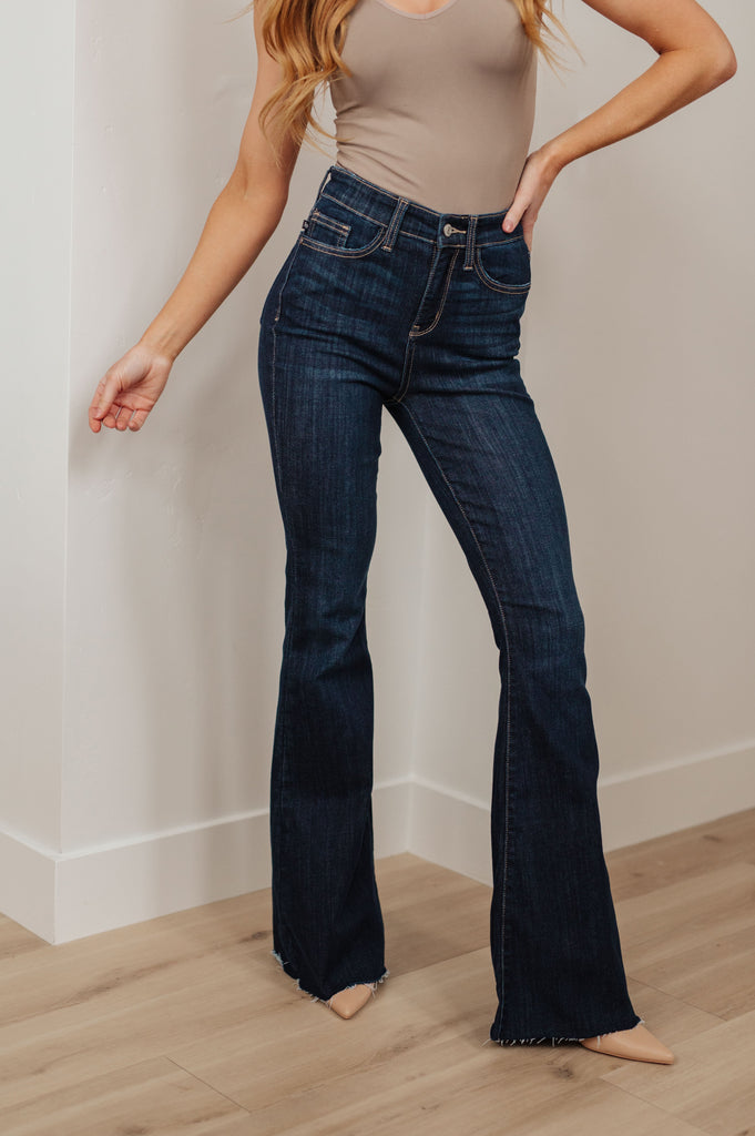 Judy Blue High-Rise Raw Hem Flare Jeans in Dark Wash-Womens-Villari Chic, women's online fashion boutique in Severna, Maryland
