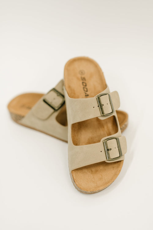 Jete Nubuck Double Buckle Slides in Light Taupe-Womens-Villari Chic, women's online fashion boutique in Severna, Maryland