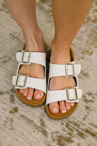 Jete Double Buckle Slides in White-Womens-Villari Chic, women's online fashion boutique in Severna, Maryland
