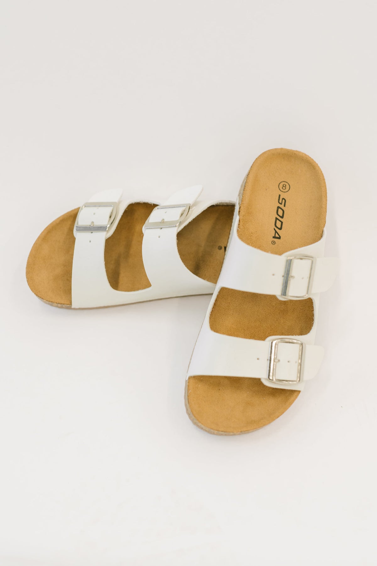 Jete Double Buckle Slides in White-Womens-Villari Chic, women's online fashion boutique in Severna, Maryland