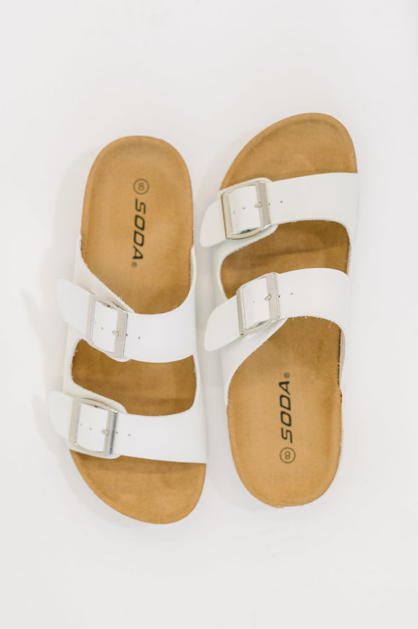 Jete Double Buckle Slides in White-Womens-Villari Chic, women's online fashion boutique in Severna, Maryland