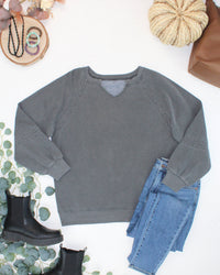 Lace Accent Vintage Wash Pullover - Black-pullover-Villari Chic, women's online fashion boutique in Severna, Maryland
