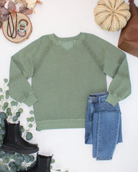 Lace Accent Vintage Wash Pullover - Olive-pullover-Villari Chic, women's online fashion boutique in Severna, Maryland