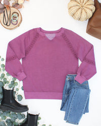 Lace Accent Vintage Wash Pullover - Purple-pullover-Villari Chic, women's online fashion boutique in Severna, Maryland