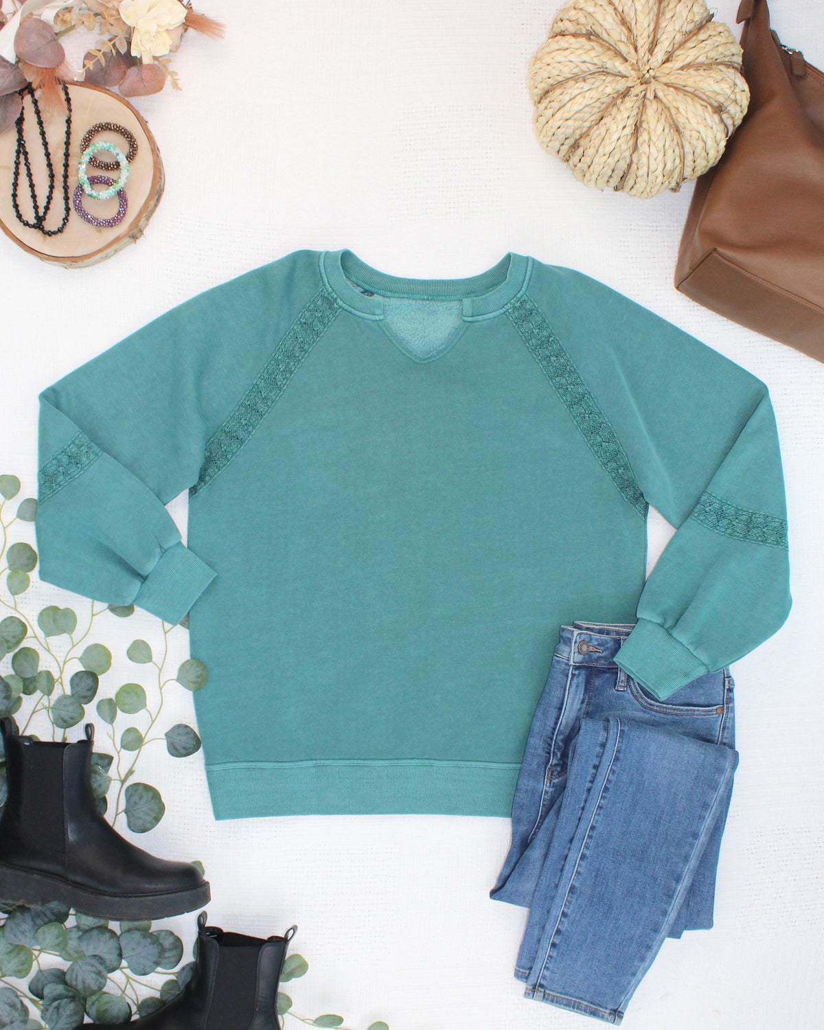 Lace Accent Vintage Wash Pullover - Teal-pullover-Villari Chic, women's online fashion boutique in Severna, Maryland