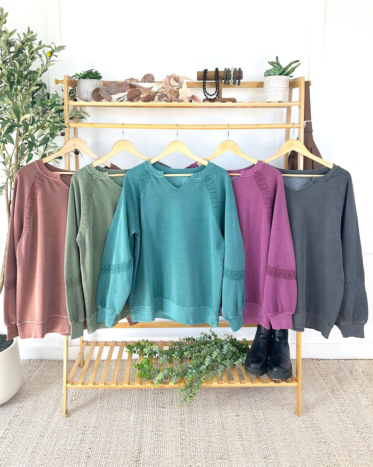 Lace Accent Vintage Wash Pullover - Olive-pullover-Villari Chic, women's online fashion boutique in Severna, Maryland
