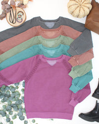 Lace Accent Vintage Wash Pullover - Teal-pullover-Villari Chic, women's online fashion boutique in Severna, Maryland