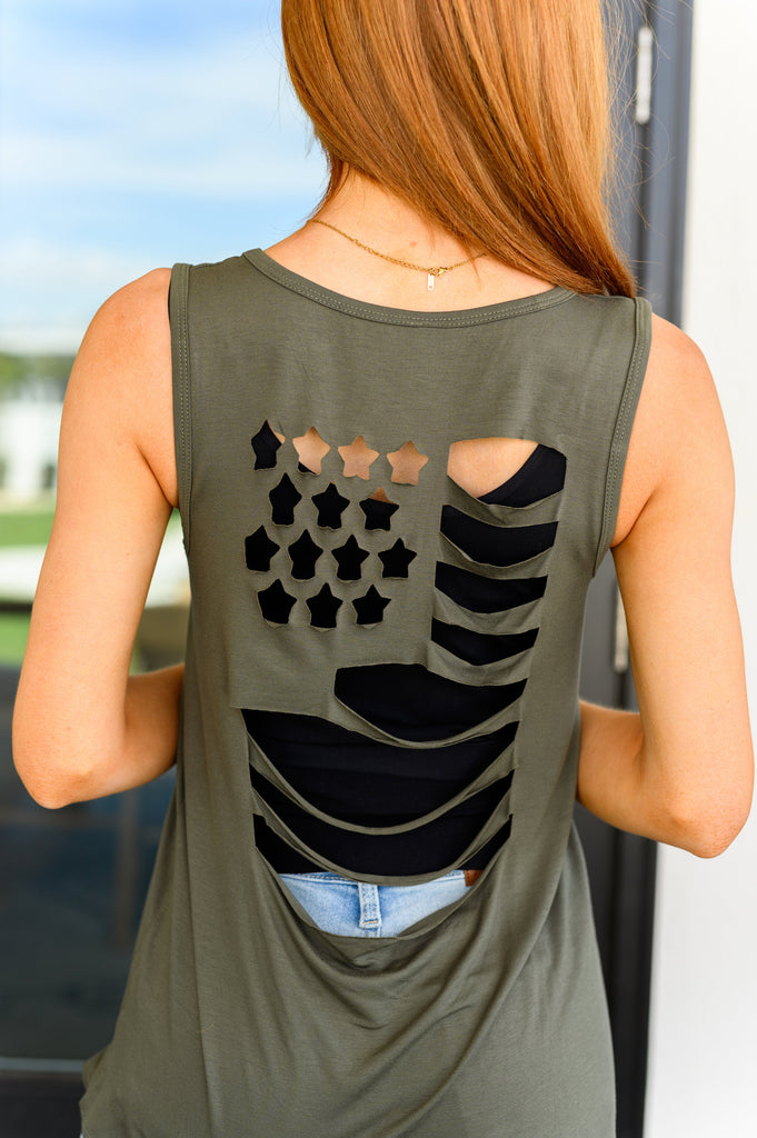 Land of the Free Tank in Olive-Tops-Villari Chic, women's online fashion boutique in Severna, Maryland