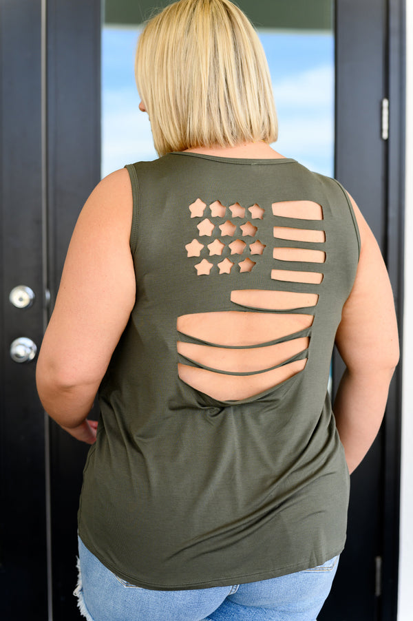 Land of the Free Tank in Olive-Tops-Villari Chic, women's online fashion boutique in Severna, Maryland