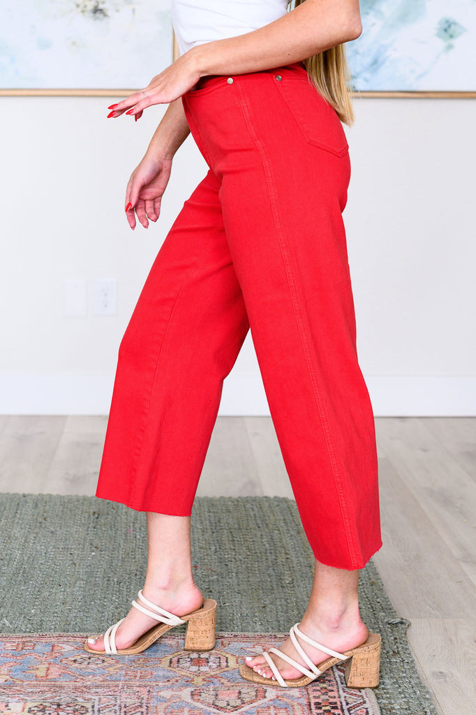 Judy Blue Tummy Control Wide Leg Crop Jeans in Red-Denim-Villari Chic, women's online fashion boutique in Severna, Maryland