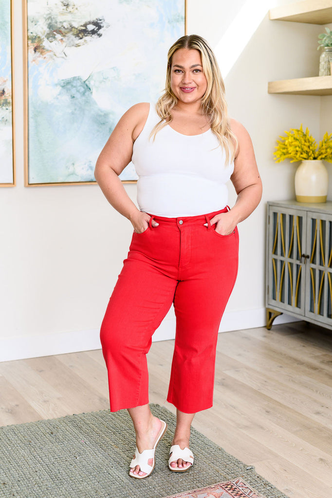 Judy Blue Tummy Control Wide Leg Crop Jeans in Red-Denim-Villari Chic, women's online fashion boutique in Severna, Maryland