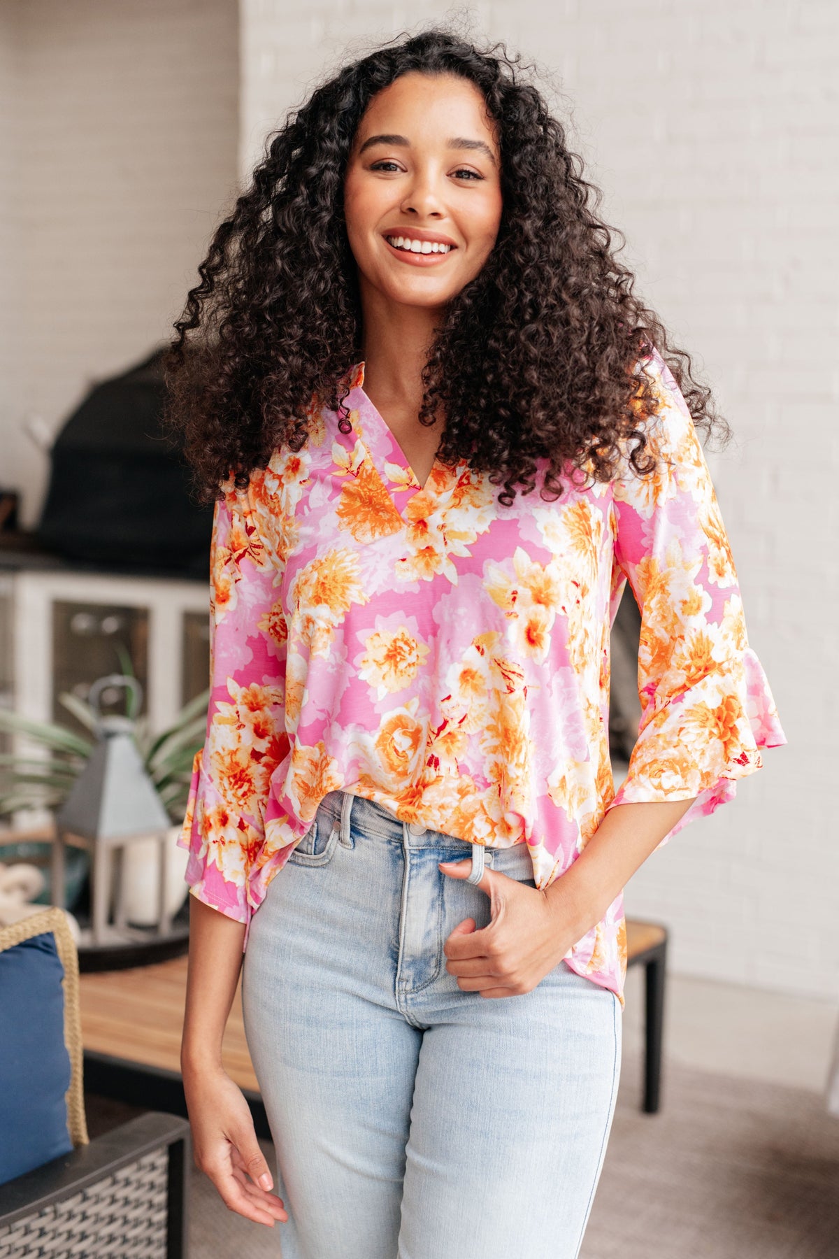 Lizzy Bell Sleeve Top in Pink and Gold Floral-Tops-Villari Chic, women's online fashion boutique in Severna, Maryland