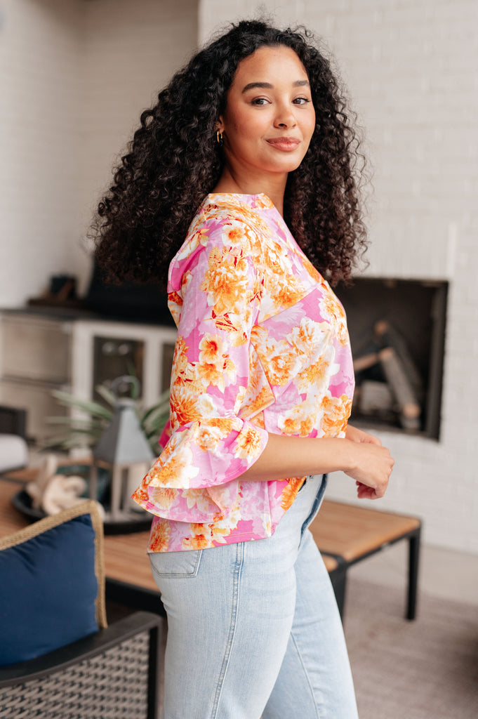Lizzy Bell Sleeve Top in Pink and Gold Floral-Tops-Villari Chic, women's online fashion boutique in Severna, Maryland