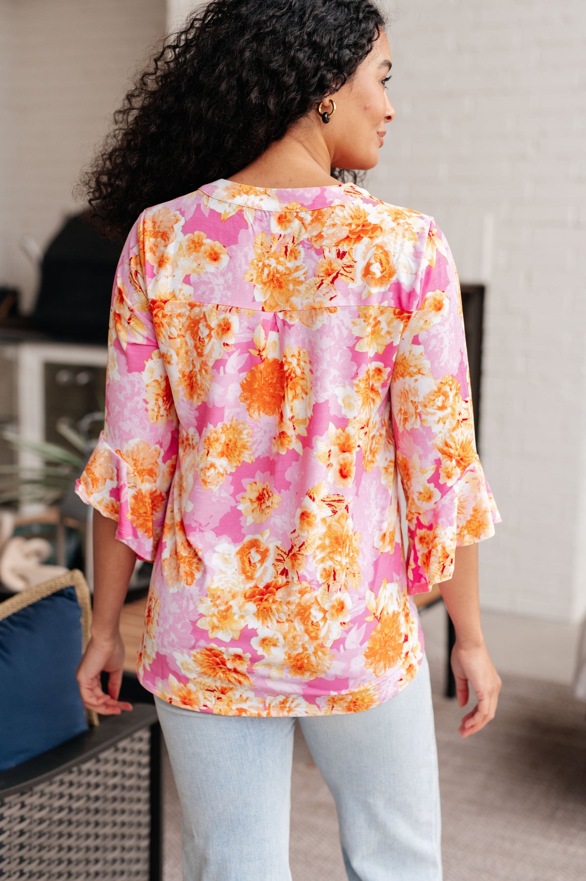 Lizzy Bell Sleeve Top in Pink and Gold Floral-Tops-Villari Chic, women's online fashion boutique in Severna, Maryland