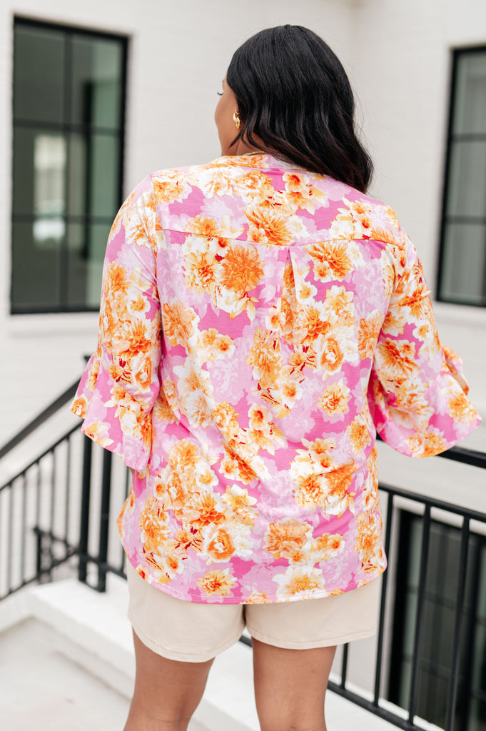 Lizzy Bell Sleeve Top in Pink and Gold Floral-Tops-Villari Chic, women's online fashion boutique in Severna, Maryland