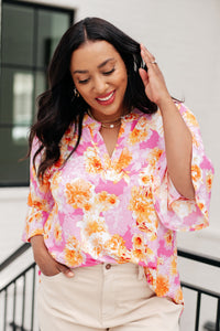 Lizzy Bell Sleeve Top in Pink and Gold Floral-Tops-Villari Chic, women's online fashion boutique in Severna, Maryland