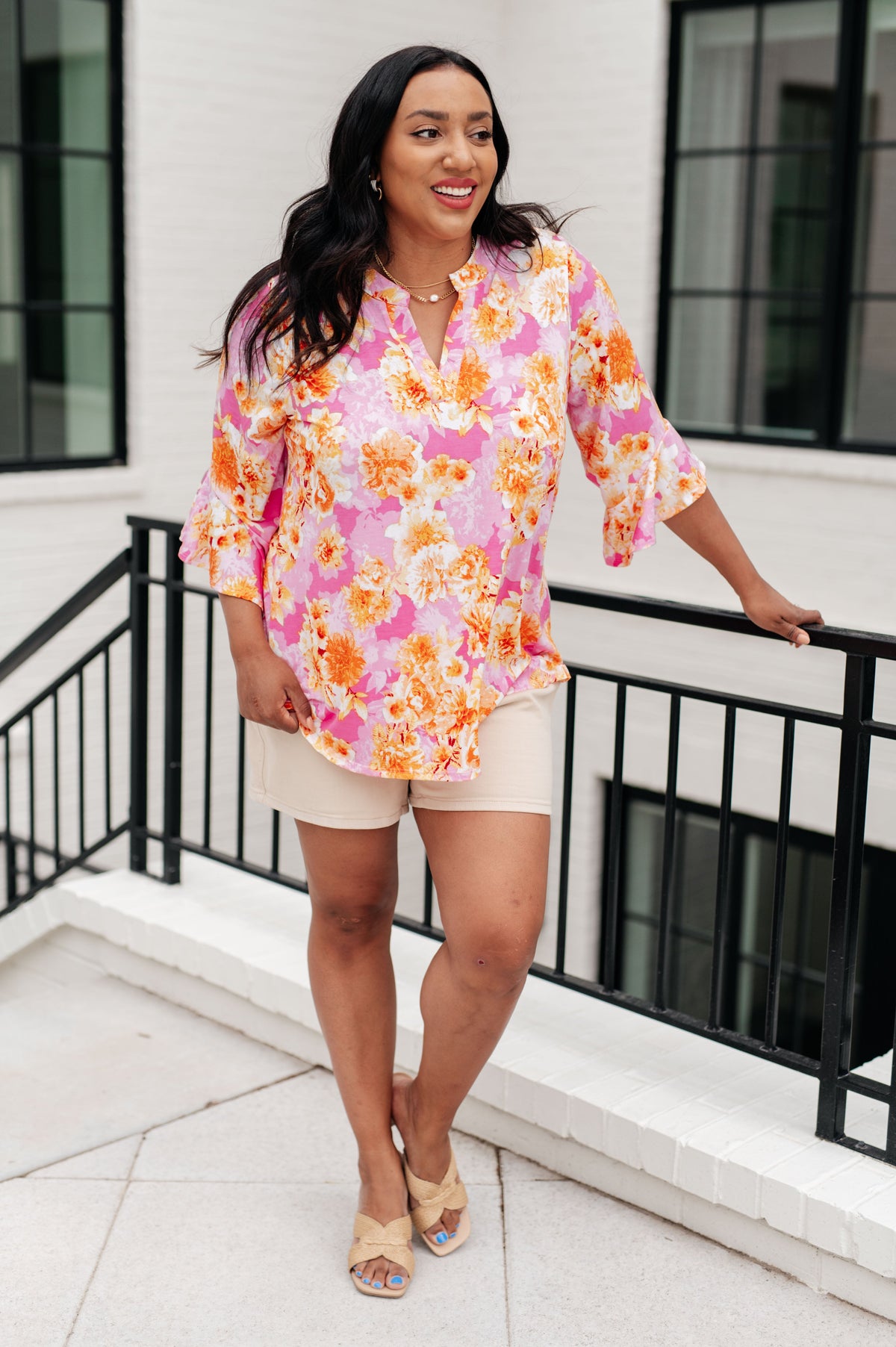 Lizzy Bell Sleeve Top in Pink and Gold Floral-Tops-Villari Chic, women's online fashion boutique in Severna, Maryland