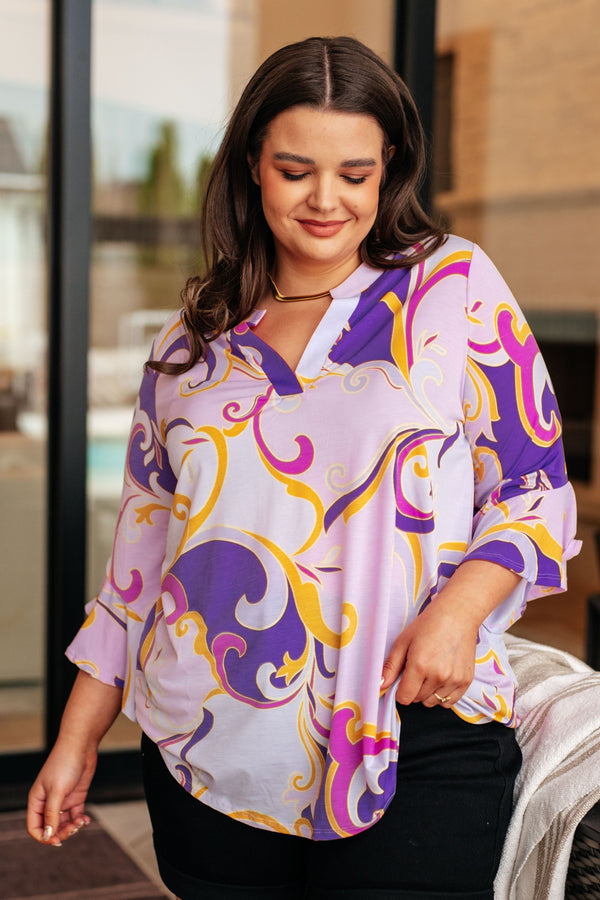 Lizzy Bell Sleeve Top in Regal Lavender and Gold-Tops-Villari Chic, women's online fashion boutique in Severna, Maryland