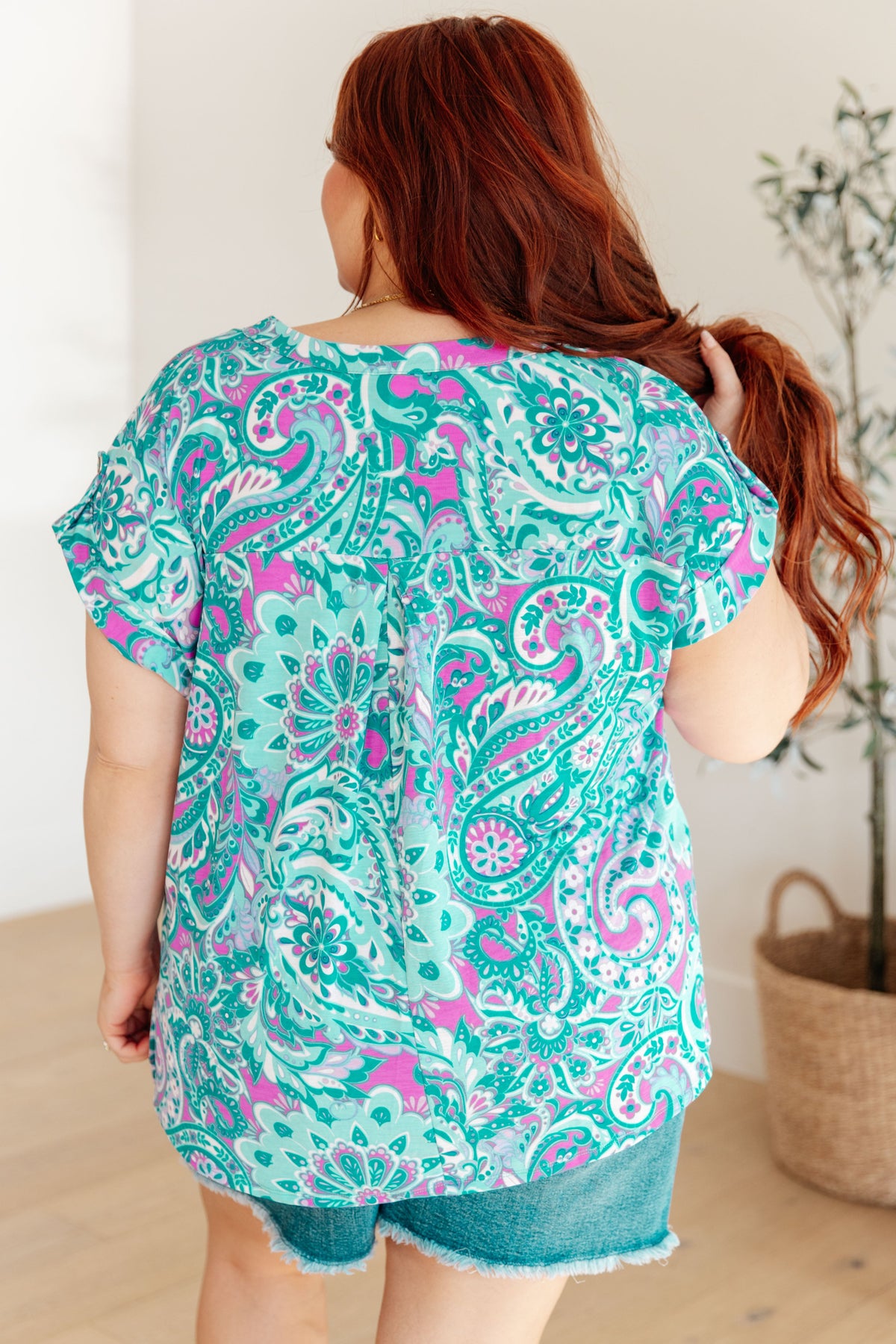 Lizzy Cap Sleeve Top in Magenta & Teal Paisley-Womens-Villari Chic, women's online fashion boutique in Severna, Maryland