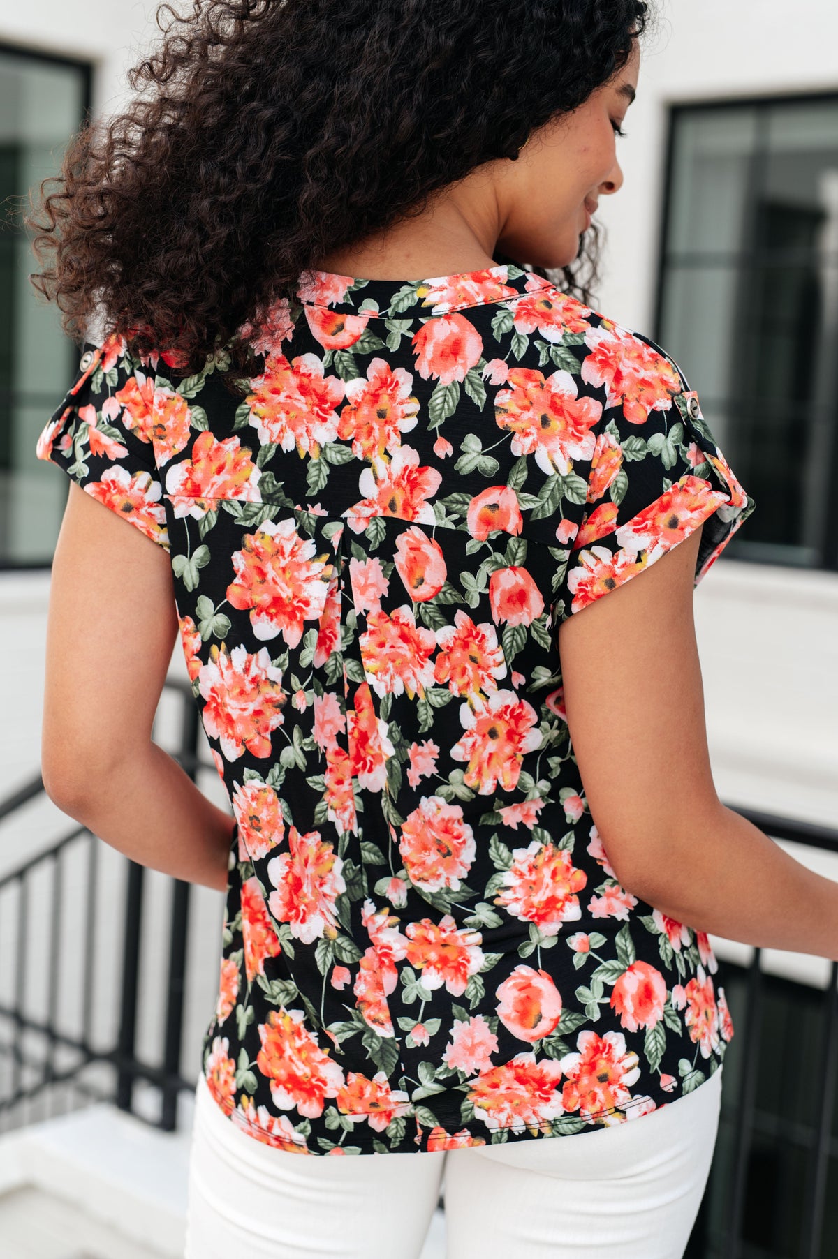 Lizzy Cap Sleeve Top in Black and Coral Floral-Tops-Villari Chic, women's online fashion boutique in Severna, Maryland