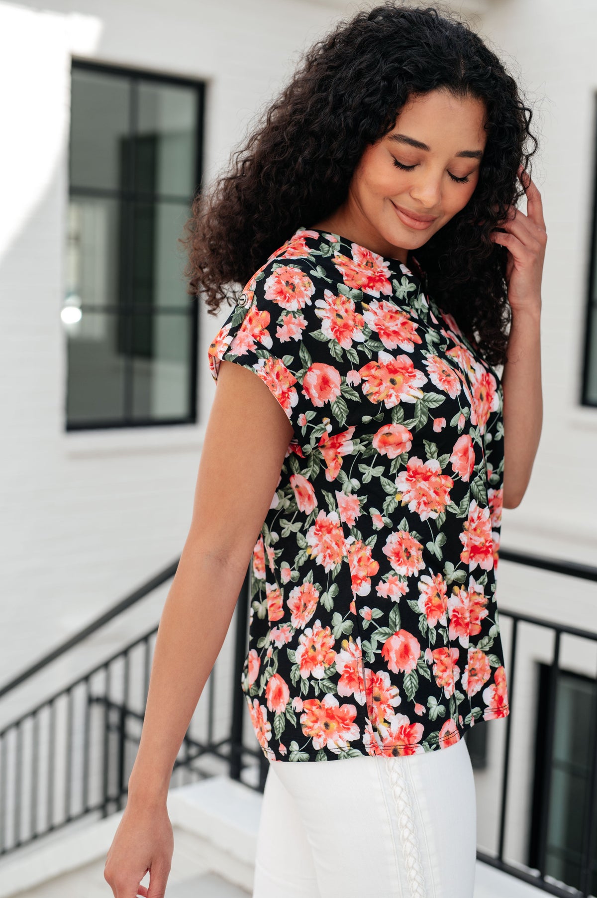 Lizzy Cap Sleeve Top in Black and Coral Floral-Tops-Villari Chic, women's online fashion boutique in Severna, Maryland