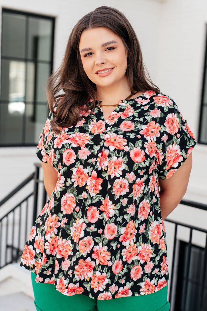 Lizzy Cap Sleeve Top in Black and Coral Floral-Tops-Villari Chic, women's online fashion boutique in Severna, Maryland