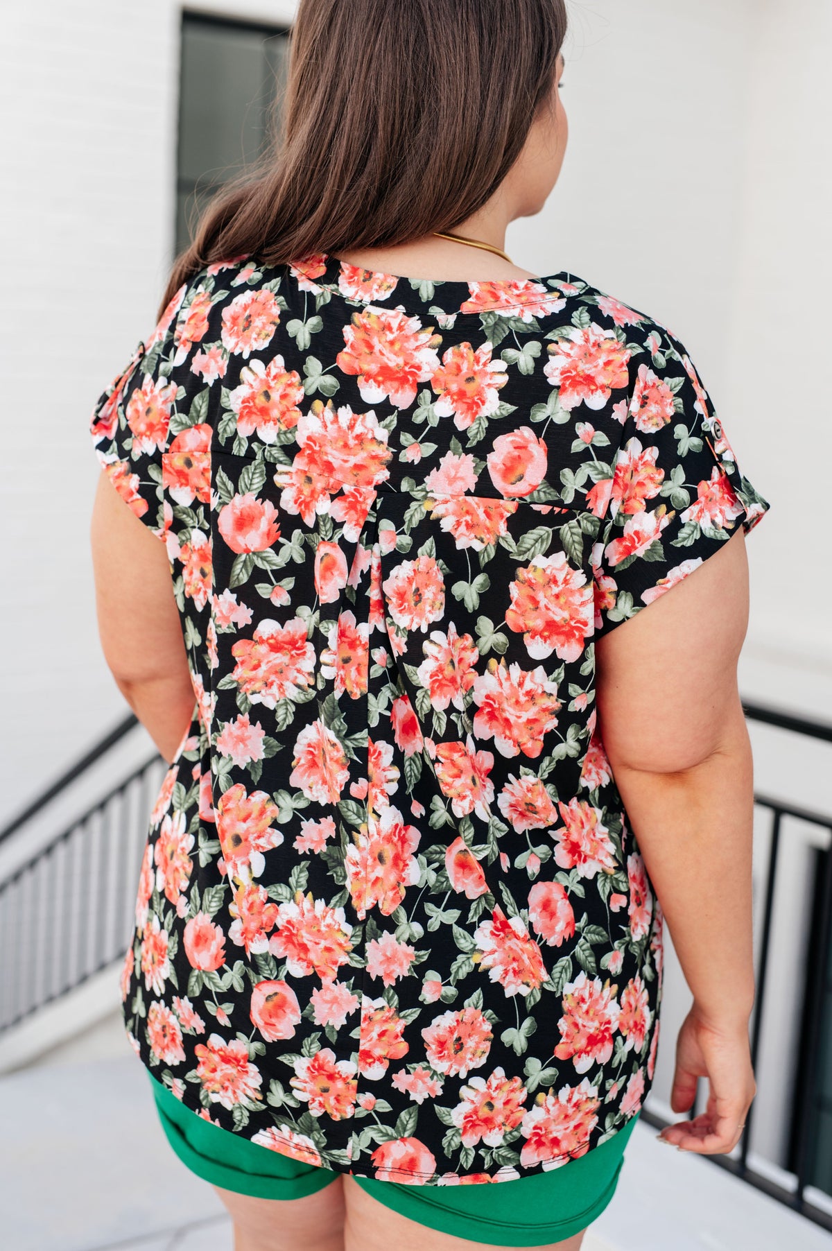 Lizzy Cap Sleeve Top in Black and Coral Floral-Tops-Villari Chic, women's online fashion boutique in Severna, Maryland