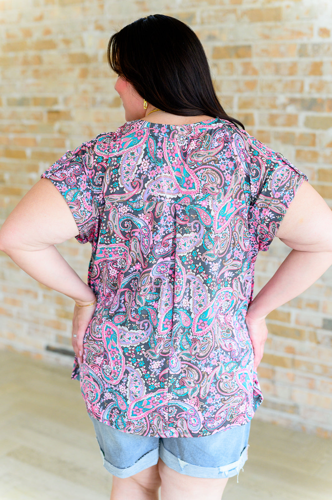 Lizzy Cap Sleeve Top in Charcoal and Pink Paisley-Tops-Villari Chic, women's online fashion boutique in Severna, Maryland